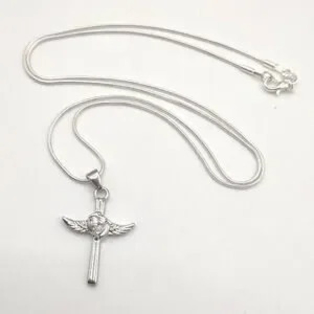 925 Sterling Silver Necklace Cross Angel Wings Zircon Valentine's Birthday NEW